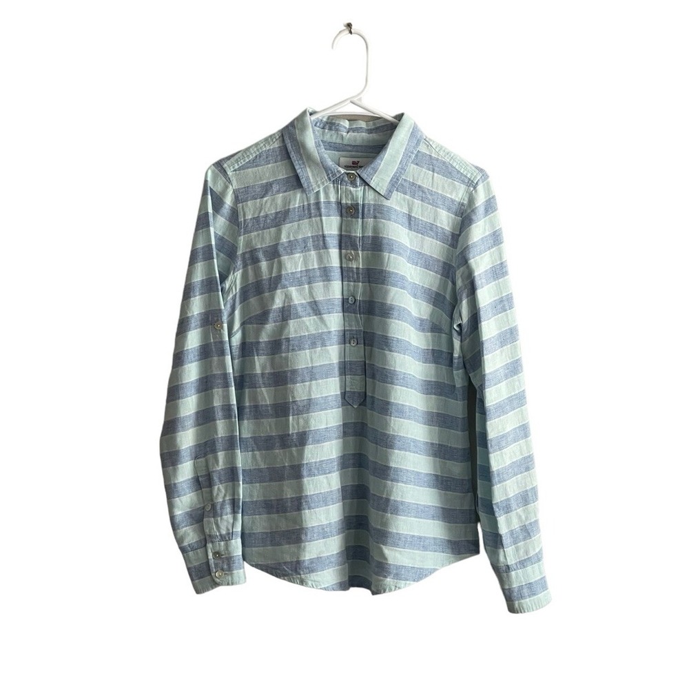 Vineyard Vines Button Front Shirt Woman Sz 4 Small Striped Linen Blend Roll Tab